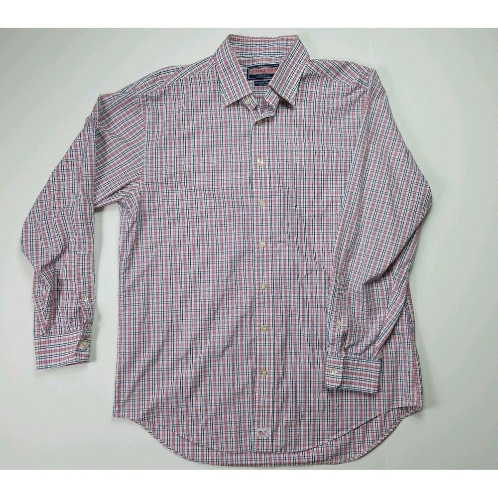 Vineyard Vines Men's Salmon & White Plaid Button Down Cotton Murray Shirt Sz L